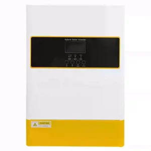A white, rectangular wall-mounted solar inverter featuring a wide black horizontal interface panel with a digital display, and a distinct yellow trim along the bottom edge.