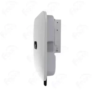 A side-profile view of a sleek, white wall-mounted solar inverter attached to a grey metal mounting bracket against a white background.