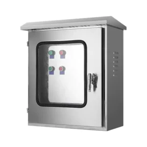 Wall-mounted stainless steel electrical control box on a white background, featuring a transparent viewing window on the front door that reveals internal push buttons and indicator lights.