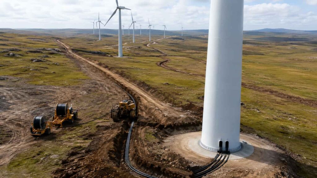 Aerial view of a large onshore wind farm with cable trenching and underground cable installation visible between wind turbine rows