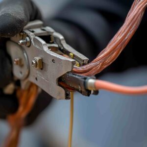 Technician using a wire stripping tool to remove insulation from a copper electrical cable for termination