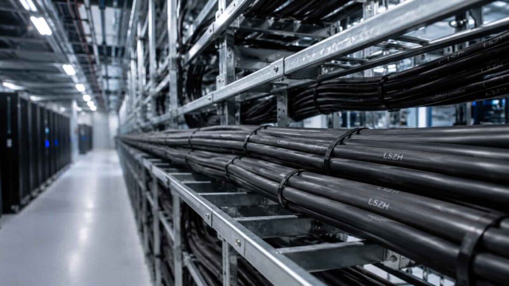 LSZH cables installed on cable trays inside a modern data center or tunnel showing black low smoke zero halogen sheathed cables